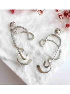 Treble Clef Sterling Silver Jumbo Freeform Clip On Music Symbol Vintage Earrings